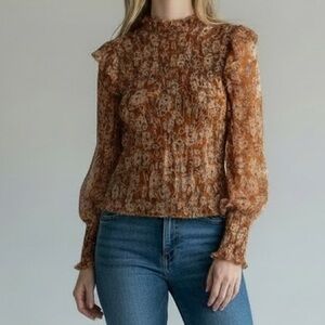Anthropologie Chiffon Smocked Rust Peasant sleeve ruffle blouse Boho Western 70s